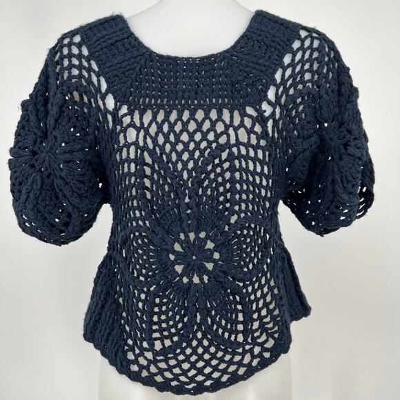Sheson Crochet Sweater Small Open Knit Navy Blue Short Puff Sleeve Pullover Top - Picture 3 of 10